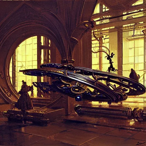 Prompt: painting of a steel scifi gadget made of steel, baroque ornamentation, syd mead, andreas achenbach