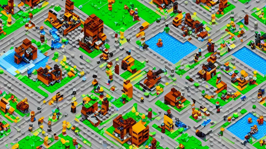 Prompt: pixel art isometric lego strategy game screenshot