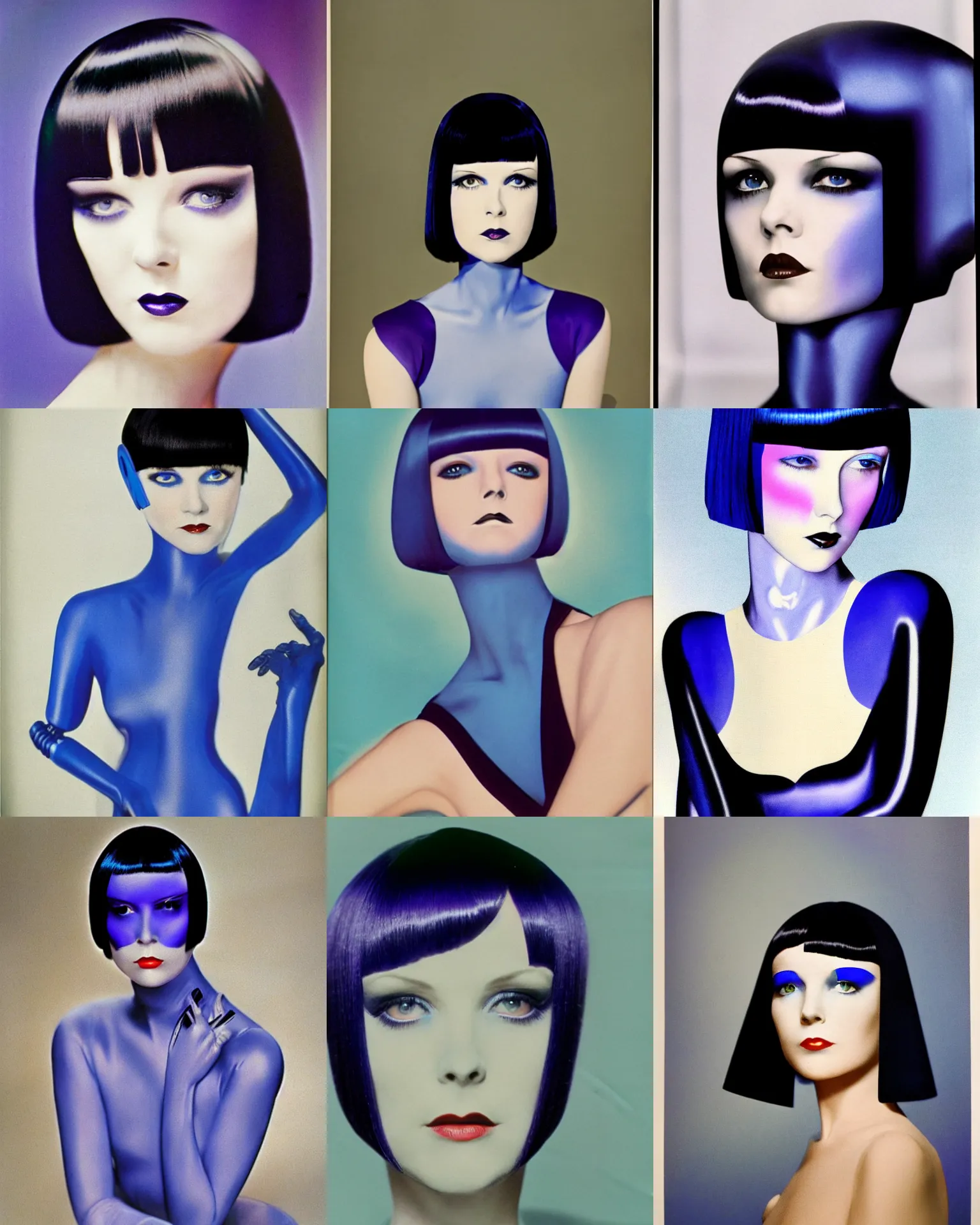 Prompt: mary louise brooks, half robot, 1 9 8 0 s airbrush, blue rim lighting, blue and purple makeup, black shiny bob haircut