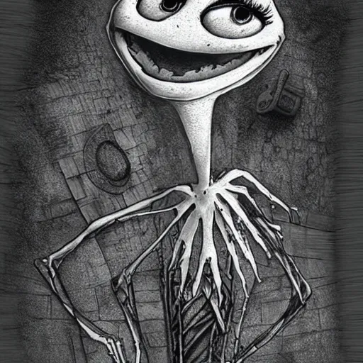 Prompt: michael karcz grunge drawing of kermit the frog. , in the style of corpse bride, loony toons style, horror themed, detailed, elegant, intricate