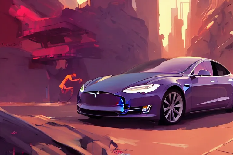 Image similar to tesla model 2, art gta 5 cover, official fanart behance hd artstation by jesper ejsing, rhads, makoto shinkai, lois van baarle, ilya kuvshinov, ossdraws, feng zhu, loish, laurie greasley, victo ngai, andreas rocha, john harris