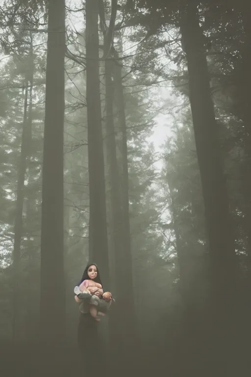 Image similar to a cinematic photo of a young woman with dark hair holds a baby in a dark, foggy forest, masterpiece