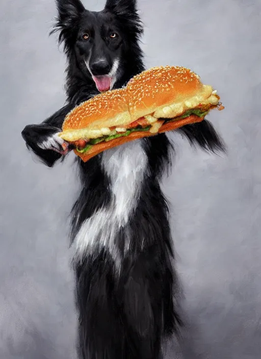 Image similar to wide shot painting of a male anthropomorphic border collie fursona eating a cheeseburger, beautiful, intricate, elegant, realistic proportions, highly detailed, scenic background, trending on artstation, art by charlie bowater and henry asencio and and ross tran