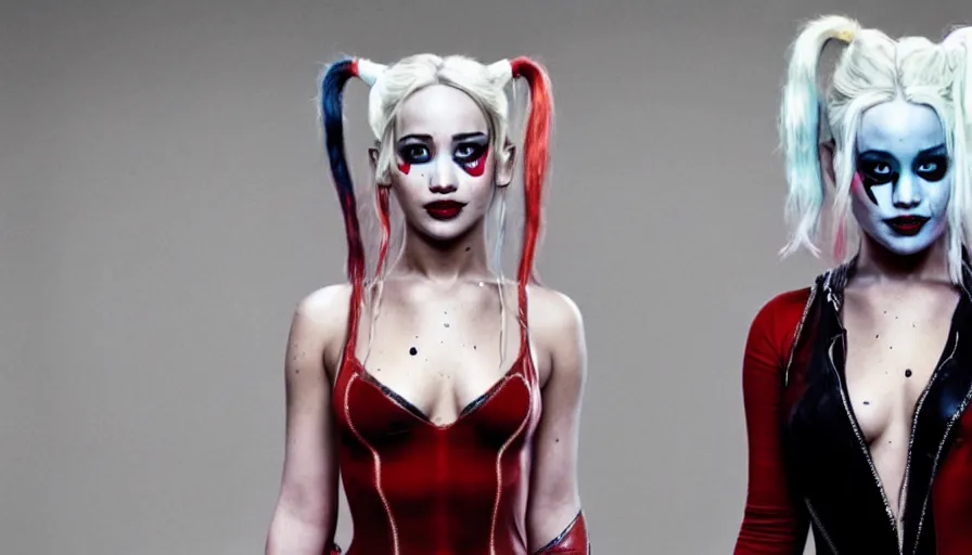 Image similar to beautiful jennifer lawrence as harley quinn, still from the dressing scene