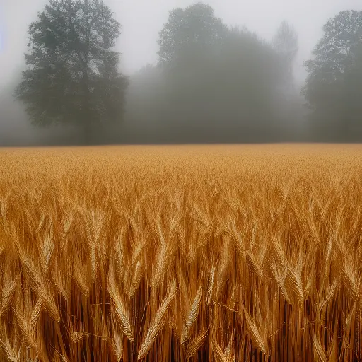 Image similar to A wheat field right beside a forest, morning, photograph, 4K, fog, godrays