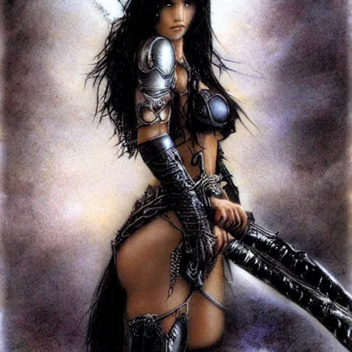 Image similar to female warrior, black hair, cinematic, by luis royo