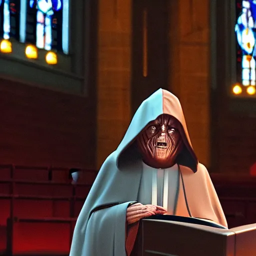 Image similar to emperor palpatine preaching to people at church, 8k cinematic lighting, very sharp detail, anatomically correct