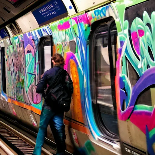 Prompt: tag of word zine written on a train london underground graffiti art skilled realistic photography real world