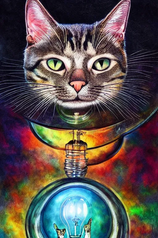 Prompt: portrait of a cat inside a light bulb, modern fine art, dreamscape, intricate, elegant, subsurface scattering, highly detailed, pop art painting, organic acrylic flow art, psychedelic surreal art, acrylic art, watercolor, featured on deviantart, cgsociety