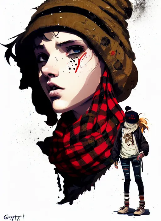 Image similar to highly detailed portrait of a sewer punk lady student, beanie, tartan scarf, wavy blonde hair by atey ghailan, by greg rutkowski, by greg tocchini, by james gilleard, by joe fenton, by kaethe butcher, gradient red, black, brown and cream color scheme, grunge aesthetic!!! white graffiti tag wall background