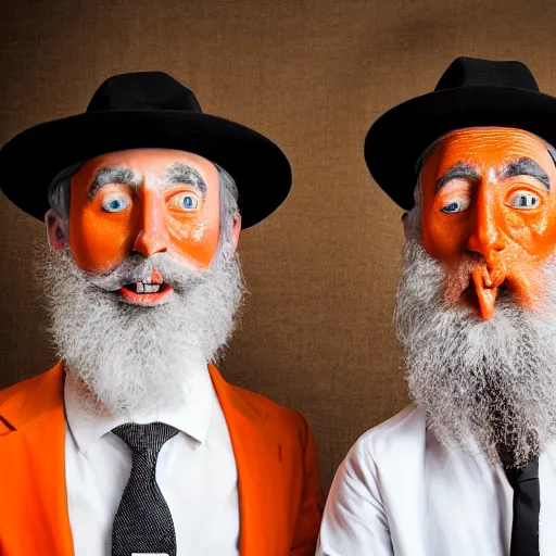 Prompt: UHD candid photo of two Rabbis with orange skin, accurate faces, UHD, photorealistic, correct faces, photo by Annie Leibowitz