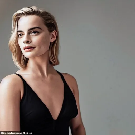 Image similar to a woman who is a genetic combination of margot robbie and emma watson face and upper - body focus