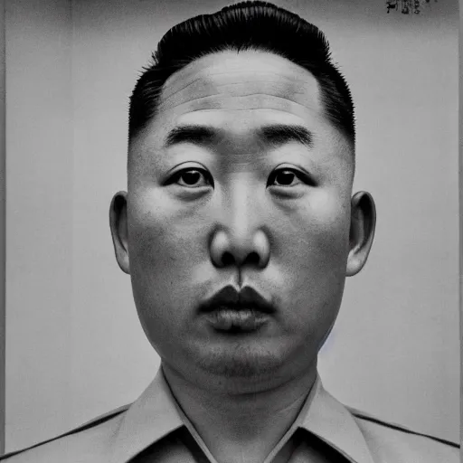 Prompt: araki nobuyoshi style close - up photography of detailed north korean kim chen with detailed face smelling detailed weed bush