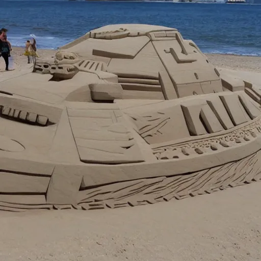 Prompt: a huge sand sculpture of starwars star destroyer