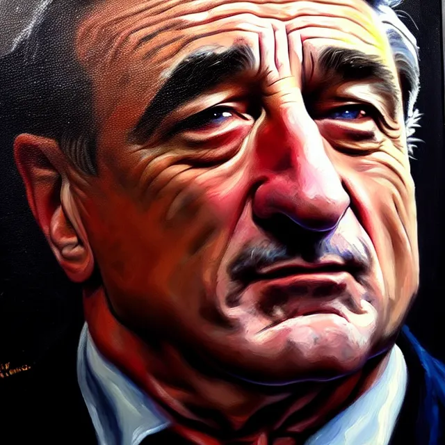 Image similar to a professional oil painting of Robert DeNiro, best on artstation, astonishing, impressive, outstanding, epic, cinematic, stunning, gorgeous, much detail, much wow, masterpiece.