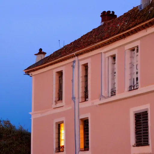 Prompt: a french building. sunset lighting. sea in the background.