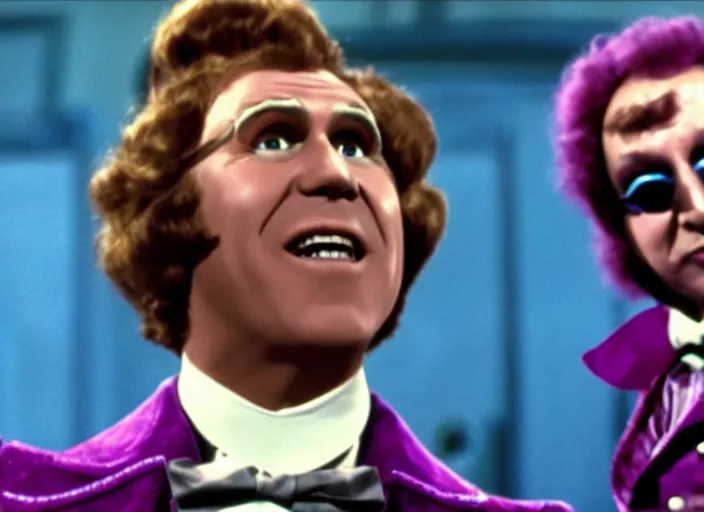 Image similar to film still of Will Ferrell as Willy Wonka in Willy Wonka and the Chocolate Factory 1971