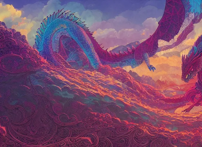 Image similar to psychedelic concept art of a dragon landscape made of thousands of spiraling dragons, cel shaded, in the style of makoto shinkai and moebius and peter mohrbacher and anton fadeev