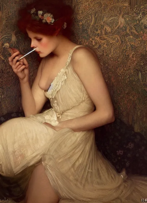 Prompt: a romantic photo of a woman in a dark room wearing lace smoking a cigarette advertisement photography by mucha, nick alm, norman rockwell, greg rutkowski, greg manchess, ethereal, dark, candlelight, pagan, extremely coherent, sharp focus, elegant, sharp features, render, octane, detailed, award winning photography, masterpiece, rim lit