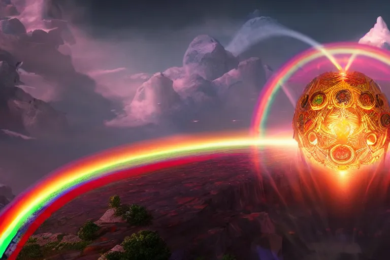 Image similar to a god dissolving into a new universe and then folding itself into a sphere which becomes a rainbow beacon signalling the arrival of a new goddess, in the style of wlop, illustration, epic, fantasy, hyper detailed, smooth, unreal engine, sharp focus, ray tracing