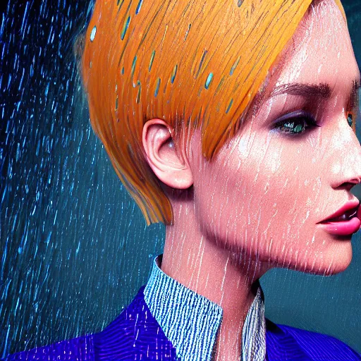 Image similar to stylish woman cartoon portrait made out of rain, pinstripe suit, short blond hair, galactic background, rendered in octane, unreal engine, highly detailed, trending on artstation, realistic, neon, beautiful