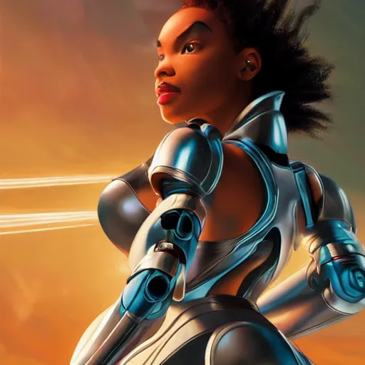 Prompt: high detailed close up of, energetic female cyborg Disney princess Tiana, wearing futuristic cybernetic battle armor, balance composition, dramatic lighting, 8k, painted by Alex Ross