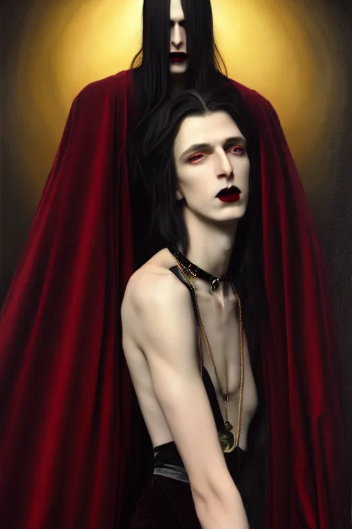 Image similar to a beautiful feminine androgynous man, long hair, tall and thin, vampire, dressed in velvet, fully dressed, wearing several pendants and a choker, illustration, dramatic lighting, soft details, painting oil on canvas, art nouveau, octane render, hdr, 4 k, 8 k, hd, by edmund blair leighton, brom, charlie bowater, faces by otto schmidt