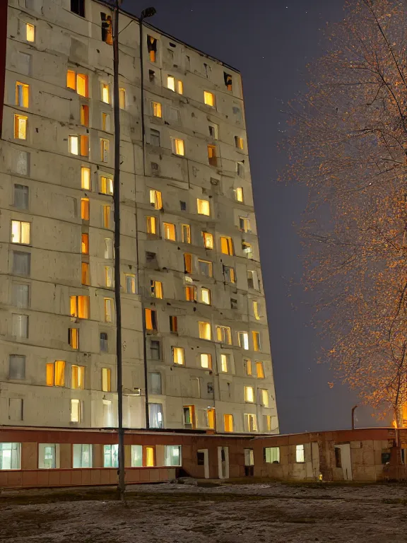 Prompt: soviet residential building in a residential area of russia, lights are on in the windows, night, starry sky, post - soviet courtyard, cozy atmosphere, light fog, street lamps with orange light, several birches nearby, several elderly people stand at the entrance to the building