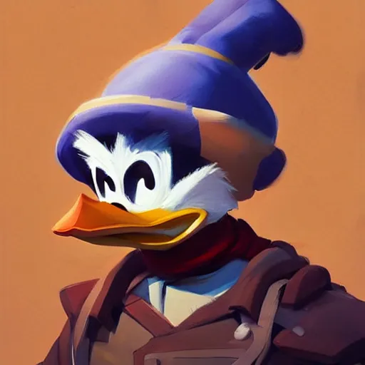 Image similar to greg manchess portrait painting of donald duck as overwatch character, medium shot, asymmetrical, profile picture, organic painting, sunny day, matte painting, bold shapes, hard edges, street art, trending on artstation, by huang guangjian and gil elvgren and sachin teng