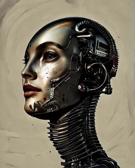 Image similar to a young beautiful female cyborg profile face, by h. r. giger, by ismail inceoglu, by kiki smith, glamor shot, vintage, closeup, f / 2. 8, low contrast, 1 6 k, rim lighting, cinematic lighting, insanely detailed and intricate, hypermaximalist, elegant, ornate, hyper realistic, super detailed