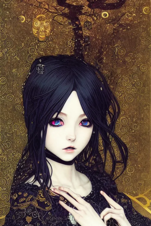 Image similar to portrait of beautiful young gothic anime maiden, cute-fine-face, pretty face, realistic shaded Perfect face, fine details. Anime, cyberpunk, Warhammer, highly detailed, artstation, illustration, art by Ilya Kuvshinov and Gustav Klimt and Gustav Klimt and Gustav Klimt and Gustav Klimt