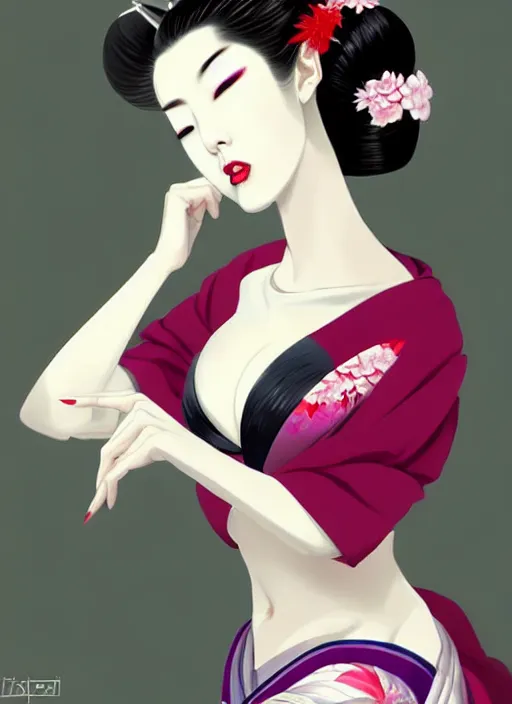 Prompt: glamorous and sexy Geisha, beautiful pale makeup, pearlescent skin, seductive eyes and face, elegant Japanese woman, lascivious pose, very detailed face, seductive, sexy push up bras, pale and coloured kimono, soft and diffuse autumn lights, photorealism, official fanart behance hd artstation by Jesper Ejsing, trending on instagram, by RHADS, Makoto Shinkai and Lois van baarle, ilya kuvshinov, rossdraws