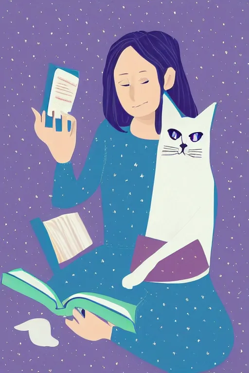 Image similar to a digital painting of a girl reading a book with a cat in A comfortable study room at night,JK uniform ,Hairdryer,blue theme,geometric shapes,S line,hard edges, by anmi and reoenl