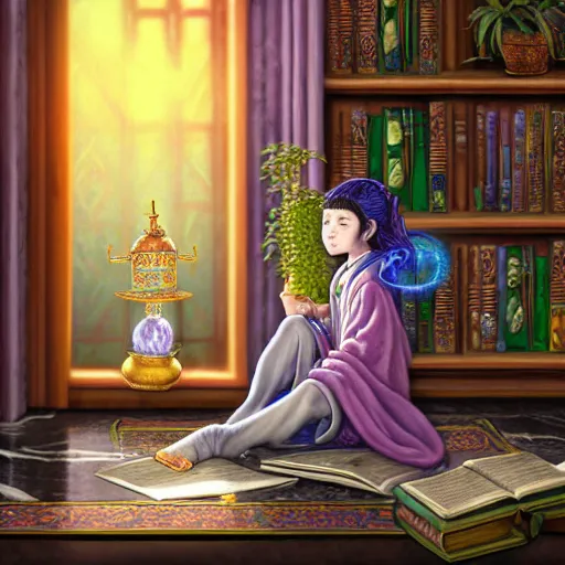 Prompt: a highly detailed fantasy pastel painting of a young wizard in ornate clothing lounging on a purpur pillow on the marble floor in front of her bookcase, studying an ancient tome. to the side is a potted plant and some blue candles. ancient oriental retrofuturistic setting. 4 k key art in the style yoshitaka amano and mark tedin