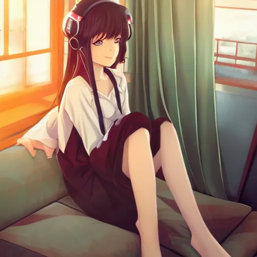 Prompt: anime beautiful girl sits on the sofa and listens to music, the sun shines through the window, clear face, beautiful body, dream light, highly detailed, 8 k, pixiv, in style of kyoto animation, art by cushart krenz