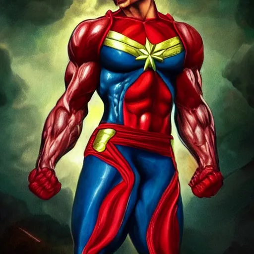 Image similar to body builder captain marvel, artstation hall of fame gallery, editors choice, #1 digital painting of all time, most beautiful image ever created, emotionally evocative, greatest art ever made, lifetime achievement magnum opus masterpiece, the most amazing breathtaking image with the deepest message ever painted, a thing of beauty beyond imagination or words