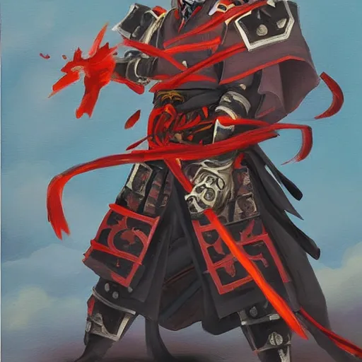 Prompt: Trending on artstation, Ghost of Tsushima samurai from Yu-Gi-Oh, in the style of Kazuki Takahashi, oil on canvas