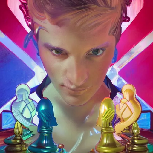 Image similar to a highly detailed art of chess game, neon colored suit, beautiful detail and color, art by john collier and albert aublet and krenz cushart and artem demura and alphonse mucha, volumetric lighting, octane render, 4 k resolution, matte, sharp focus, illustration, art by jacque - louis david, baroque style