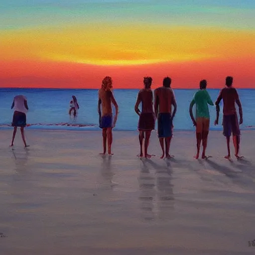 Image similar to a beautiful painting of people standing on the beach at sunset. there are 7 people and they stand together with their backs to us. painting by niko pirosmani.