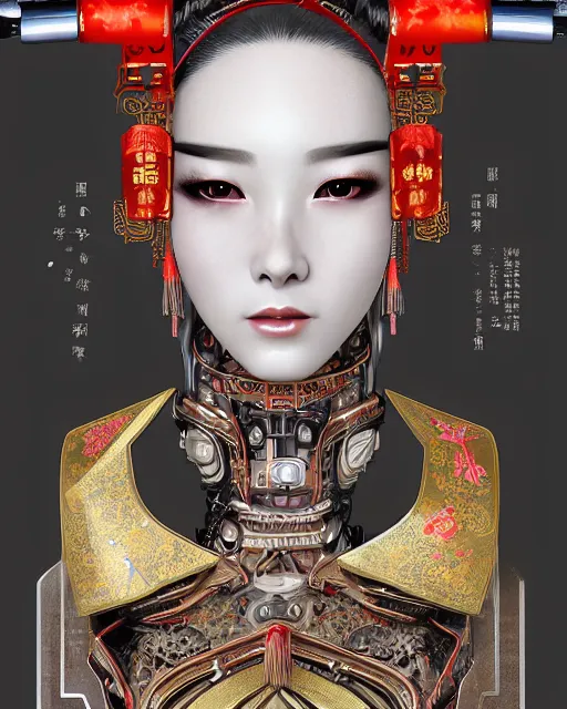 Image similar to upper half portrait of a female robot with machine head gear cyberpunk face accessories, decorated with chinese opera motifs, royal, fine china, wuxia, traditional chinese art intricate intense elegant highly detailed digital painting artstation concept art smooth sharp focus illustration, art by mike nash and artgerm and alphonse mucha and vania zouravliov, 8 k