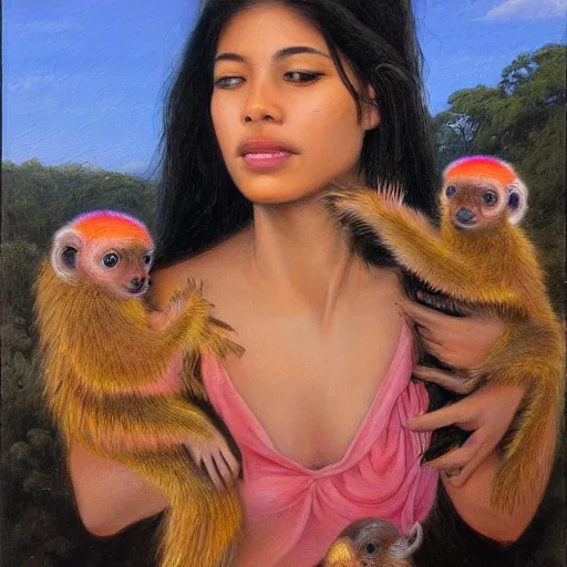 Prompt: a ultradetailed beautiful painting of a latina brazilian venezuelan young woman holding several small monkeys in the amazonas by cheng hsiaoron, ngai victo, nivanh chanthara jean delville wlop and dougherty patrick, trending on artstation, scifi, futurism, postcapitalism, octane rendering, sharp focus, soft light - n 9