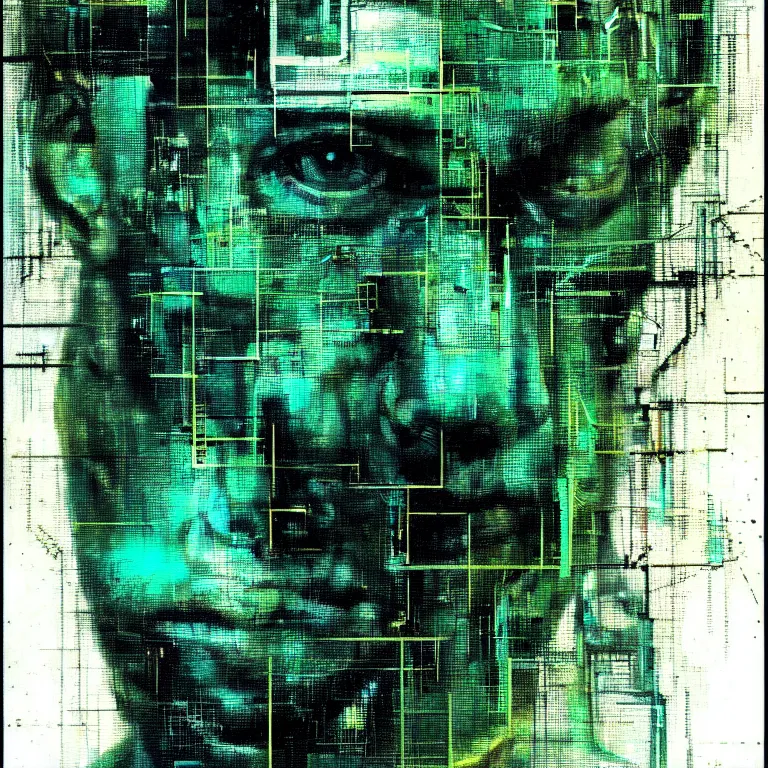 Image similar to portrait of a cyberpunk man, mysterious, glitch effects over the eyes, by Guy Denning, by Johannes Itten, by Russ Mills, glitch art, hacking effects, chromatic, cyberpunk, intricate detail, Blue and Green, color blocking, oil on canvas, concept art, abstract, trending on artstation, masterpiece