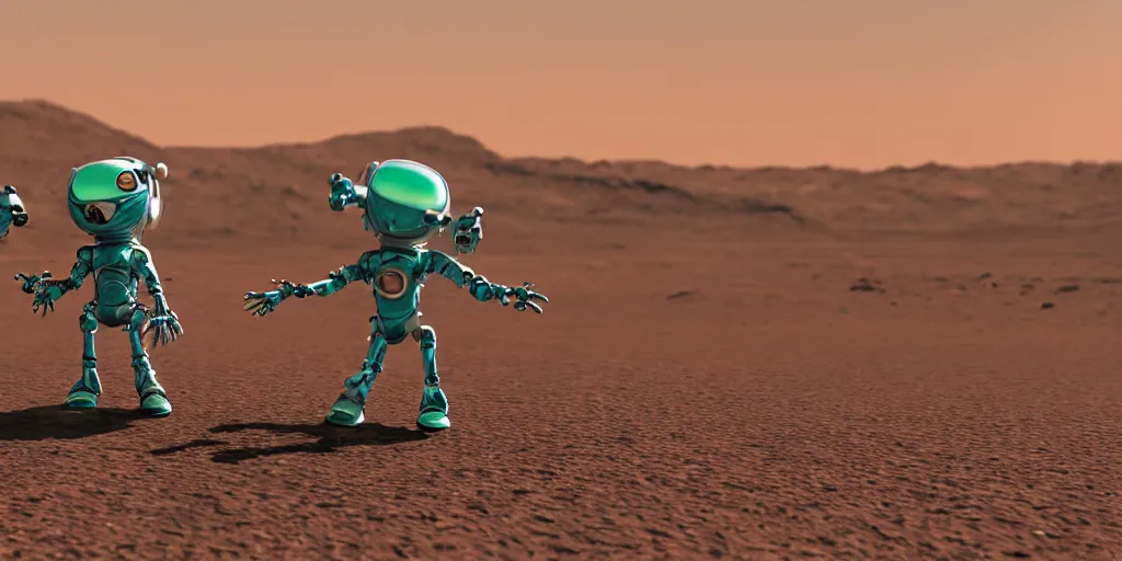 Image similar to high quality presentation photo of cute alien robots on mars, photography 4k, full body, f1.8 anamorphic, bokeh, 4k, Canon, Nikon