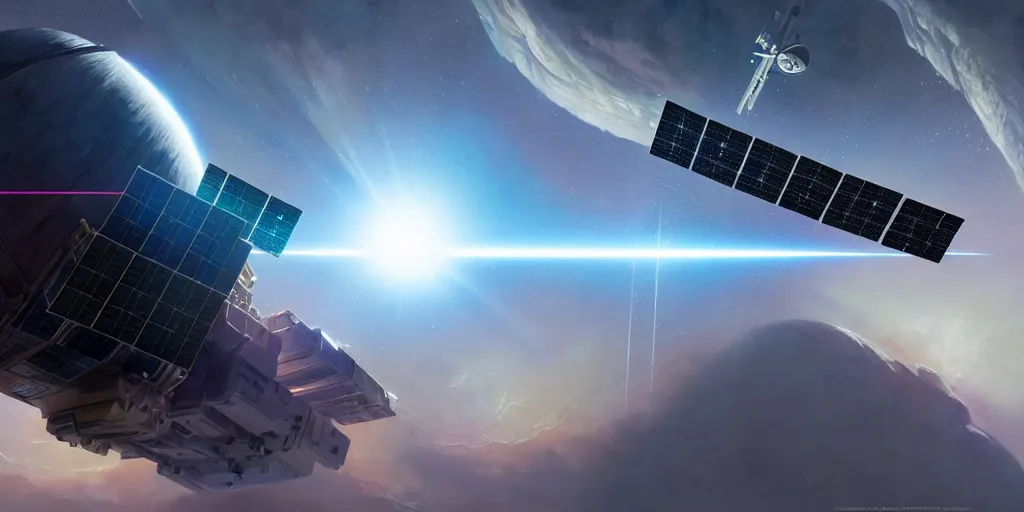 Prompt: hyper realistic sci - fi matte concept art painting of a space satellite shooting a laser down at earth, beautiful details, strong composition painted by kim jung guweta studio rutkowski, james gurney and greg rutkowski, and lucasfilm, smooth, intricate, detailed, sharp focus, cinematic