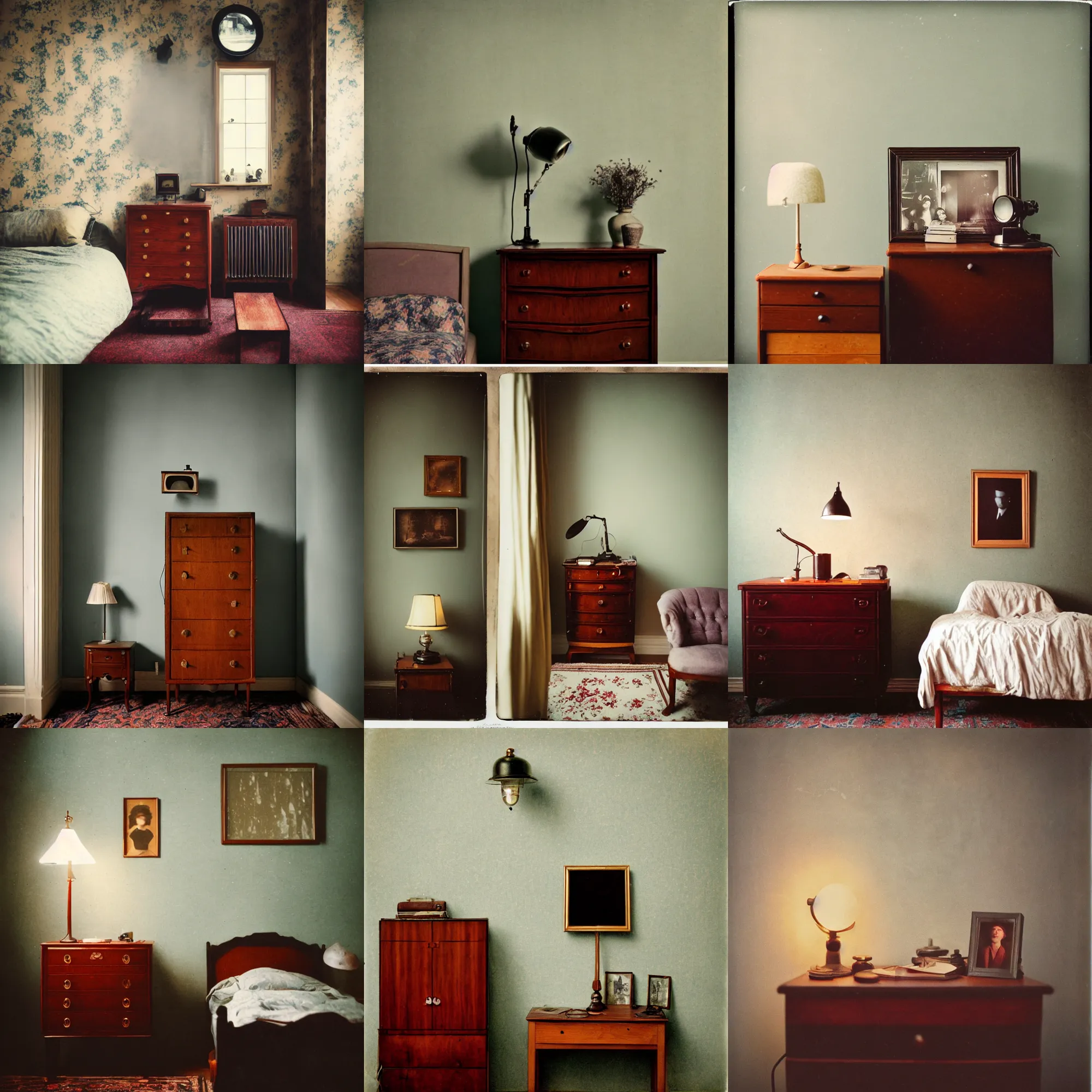 Image similar to kodak portra 4 0 0, wetplate, fisheye, award - winning portrait photo by britt marling, 1 9 2 0 s room, picture frames, 1 9 2 0 s furniture, wallpaper, carpet, shining lamp,, muted colours, blueberry, wood, fog,