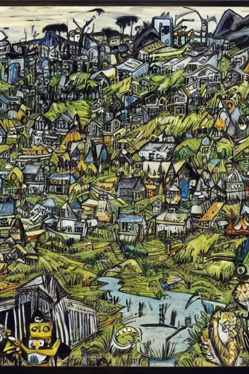 Prompt: a bernard buffet painting of the landscape of digimon world ( 1 9 9 9 ), vcr recording