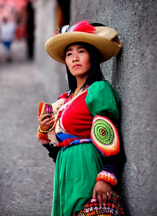 Prompt: color Mid-shot portrait of a beautiful, breathtaking 25-year-old woman from Peru, wearing a traditional outfit, candid street portrait in the style of Mario Testino award winning, Sony a7R