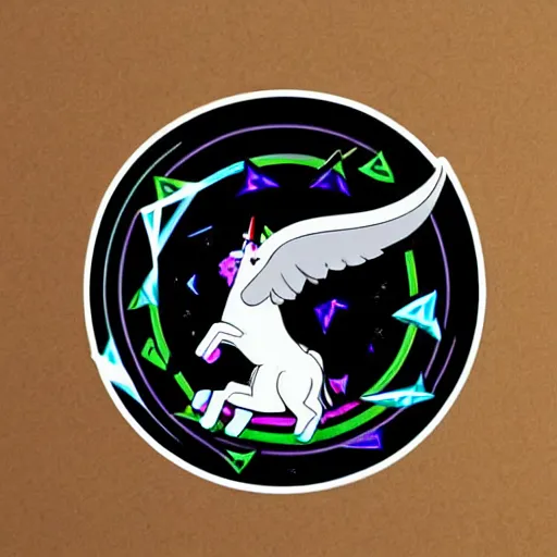 Prompt: svg vector sticker of a Unicorn-Pegasis, rocking out, wearing headphones, huge speakers, dancing, rave, DJ, spinning records, digital art, amazing composition, rule-of-thirds, award-winning, trending on artstation, featured on deviantart