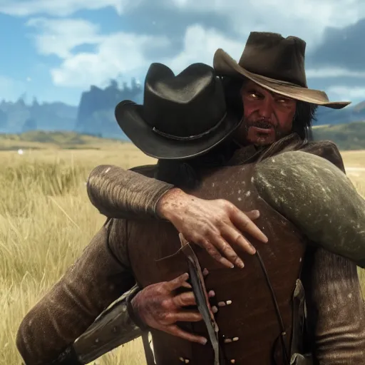 Prompt: John marston hugging Arthur Morgan from RDR2