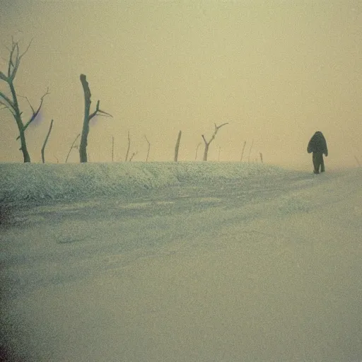 Image similar to photo of kansas flint hills covered in ice and snow, during a snowstorm. a old man in a trench coat and a cane appears as a hazy silhouette in the distance, looking back over his shoulder. cold color temperature. blue hour morning light, snow storm. hazy atmosphere. humidity haze. kodak ektachrome, greenish expired film, award winning, low contrast.